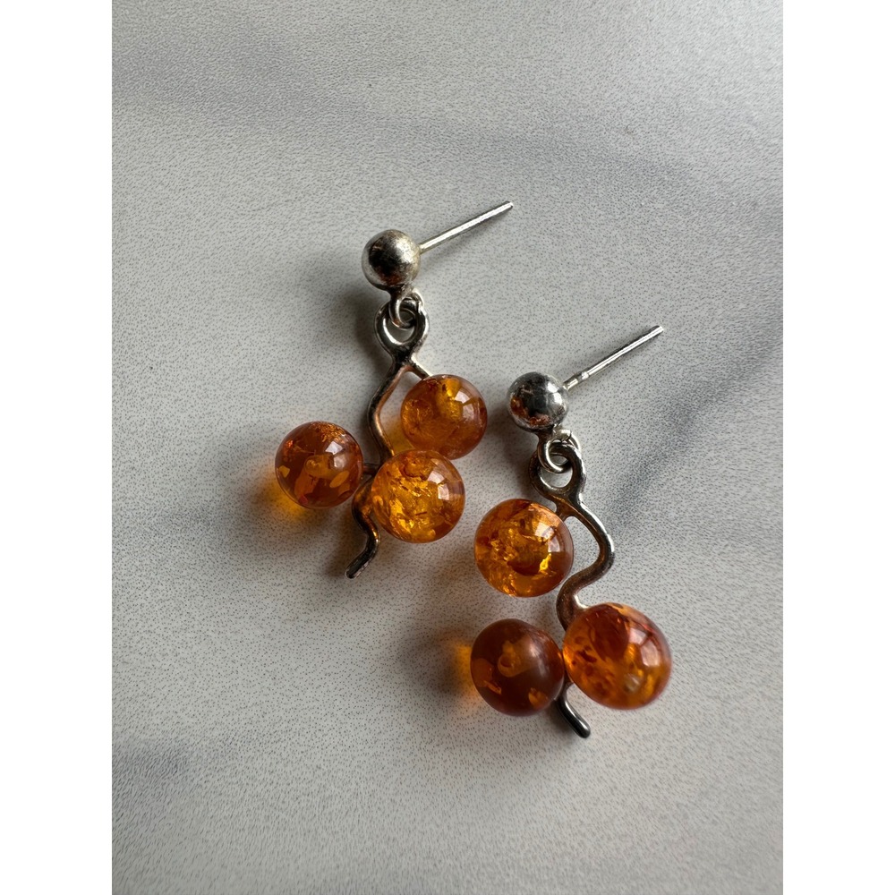 Vintage Sterling Silver 925 Baltic Amber Grape Cluster Drop Earrings Honey